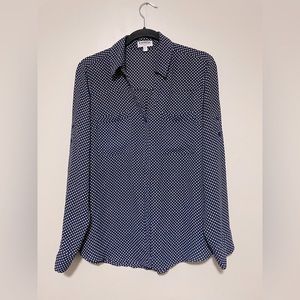 Navy blue with white polka dots Size large button up blouse